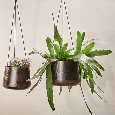 Small and large hanging planters made from reclaimed iron hanging against pale background with green plants inside
