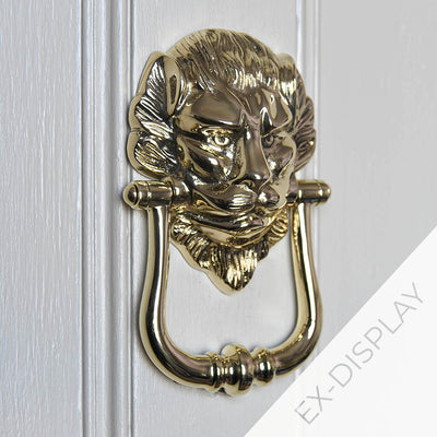 Solid brass lions head door knocker on a pale grey door with a watermark and ex display text in the corner