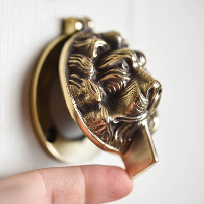 Aged brass lion head latch cover open