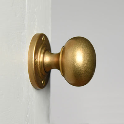 Large brass coloured door handles in a classic bun shape