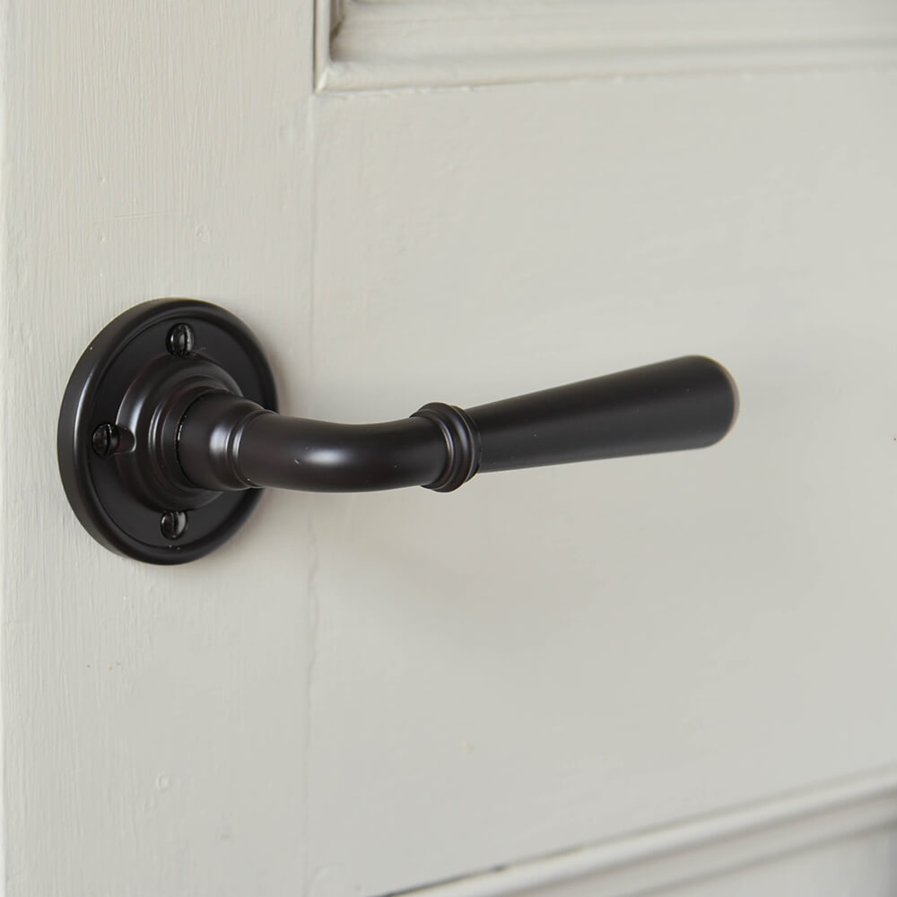 Plain bronze lever handles on wooden door
