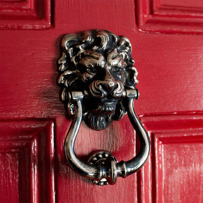 Aged nickel lion head door knocker on bright red door