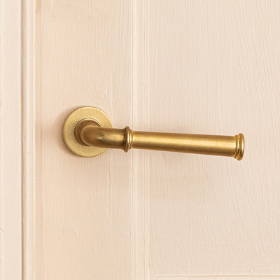 Aged brass grace lever handles on pink door