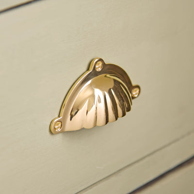 Brass hoodd cup handle drawer pull with scalloped edge