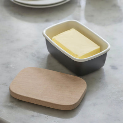 Carbon enamel butter dish open with butter inside