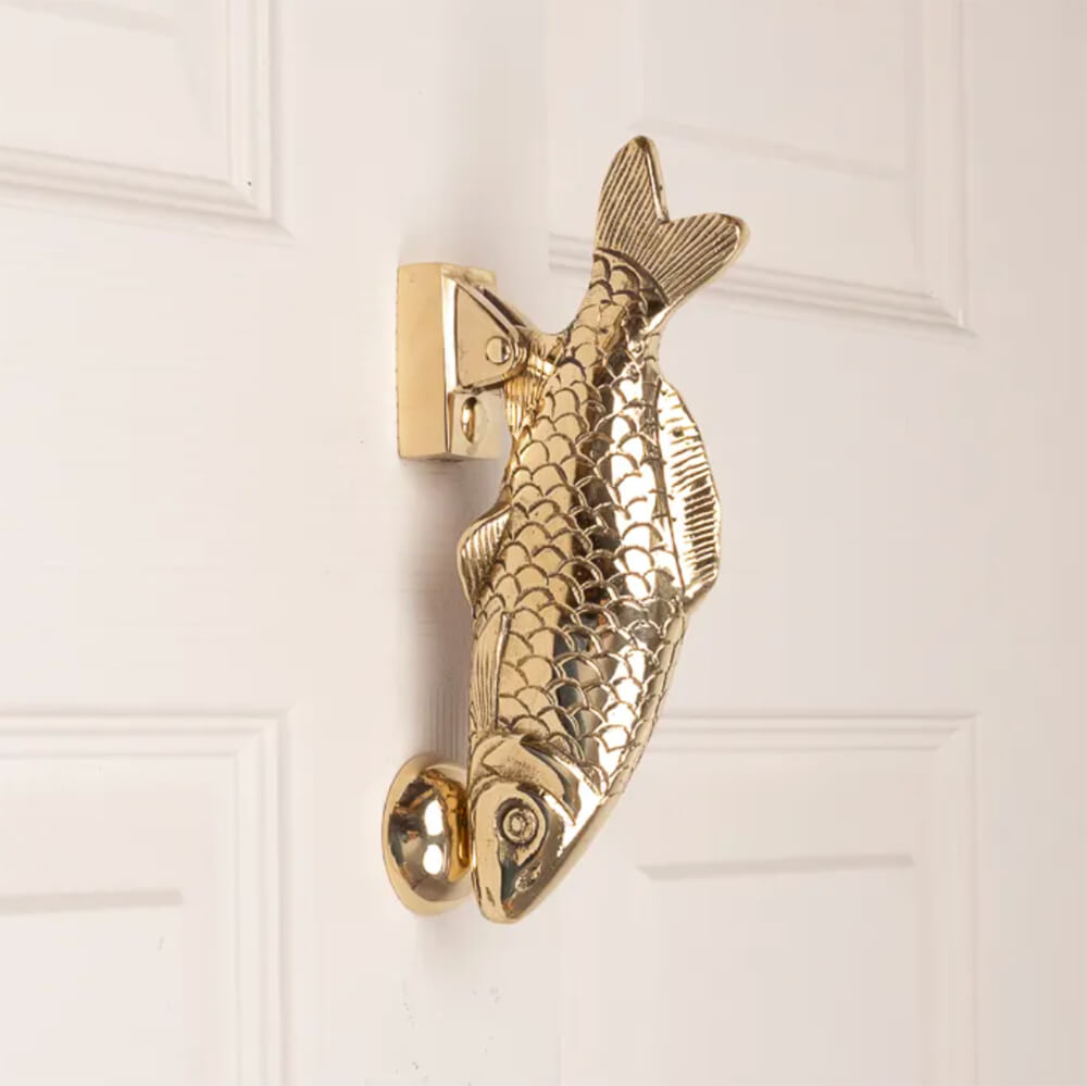 Carp fish door knocker in brass on front door
