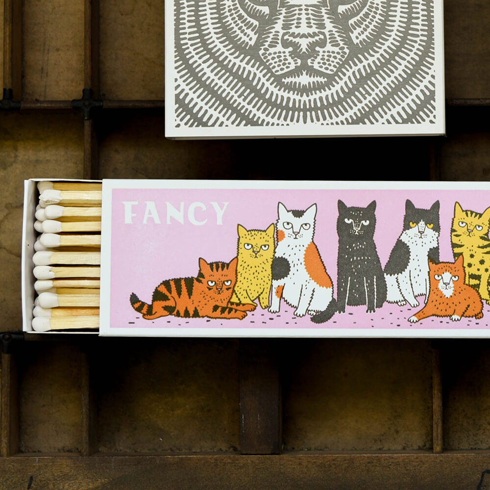 Humorous Match box featuring a row of very serious cats