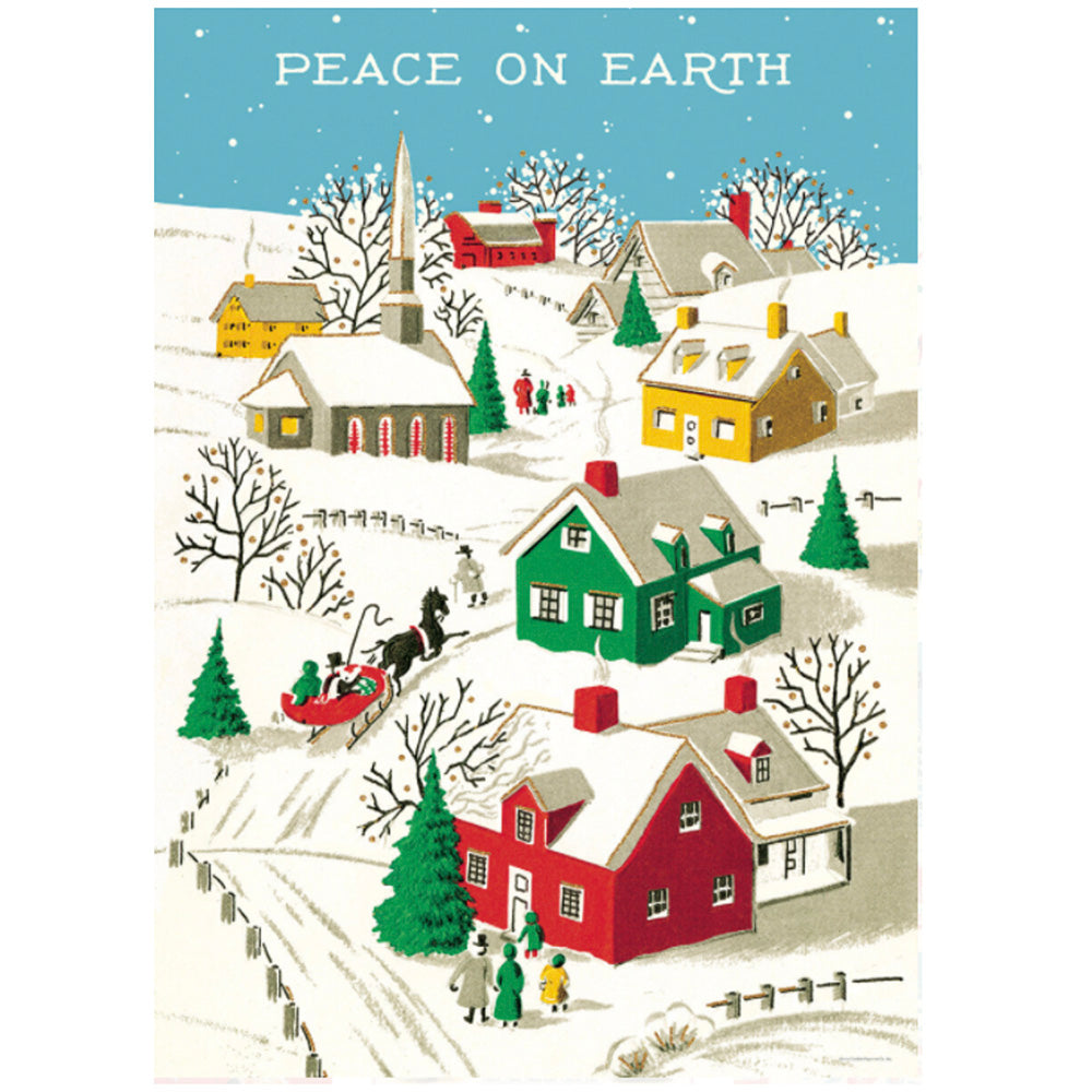 Vintage Style illustrated snowy Christmas village scene