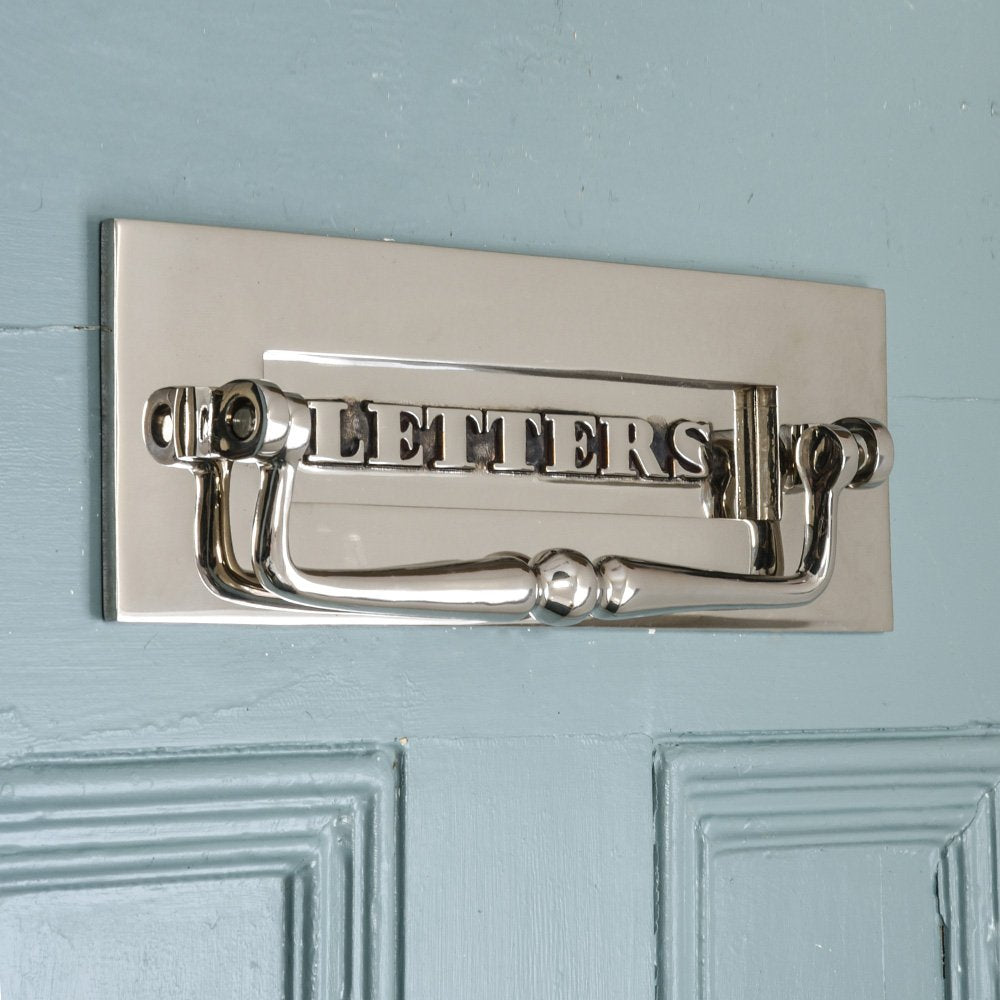 Classic nickel letters letterplate with clapper on blue door