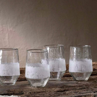 Clear anara tumblers in a set of 4 with white etched detailing around the centre