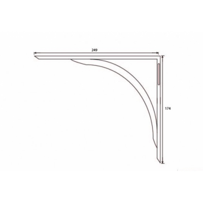A schematic plan of a curved shelf bracket with dimensions