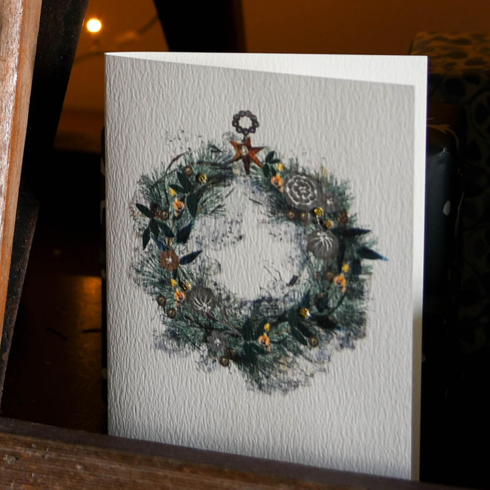 Elena Deshmuk Christmas Card - - featuring a stunning wreath illustration adored with gold thread highlights