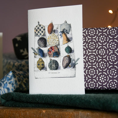 Elena Deshmuk Christmas Card - Baubles - featuring a box of vintage tree ornaments