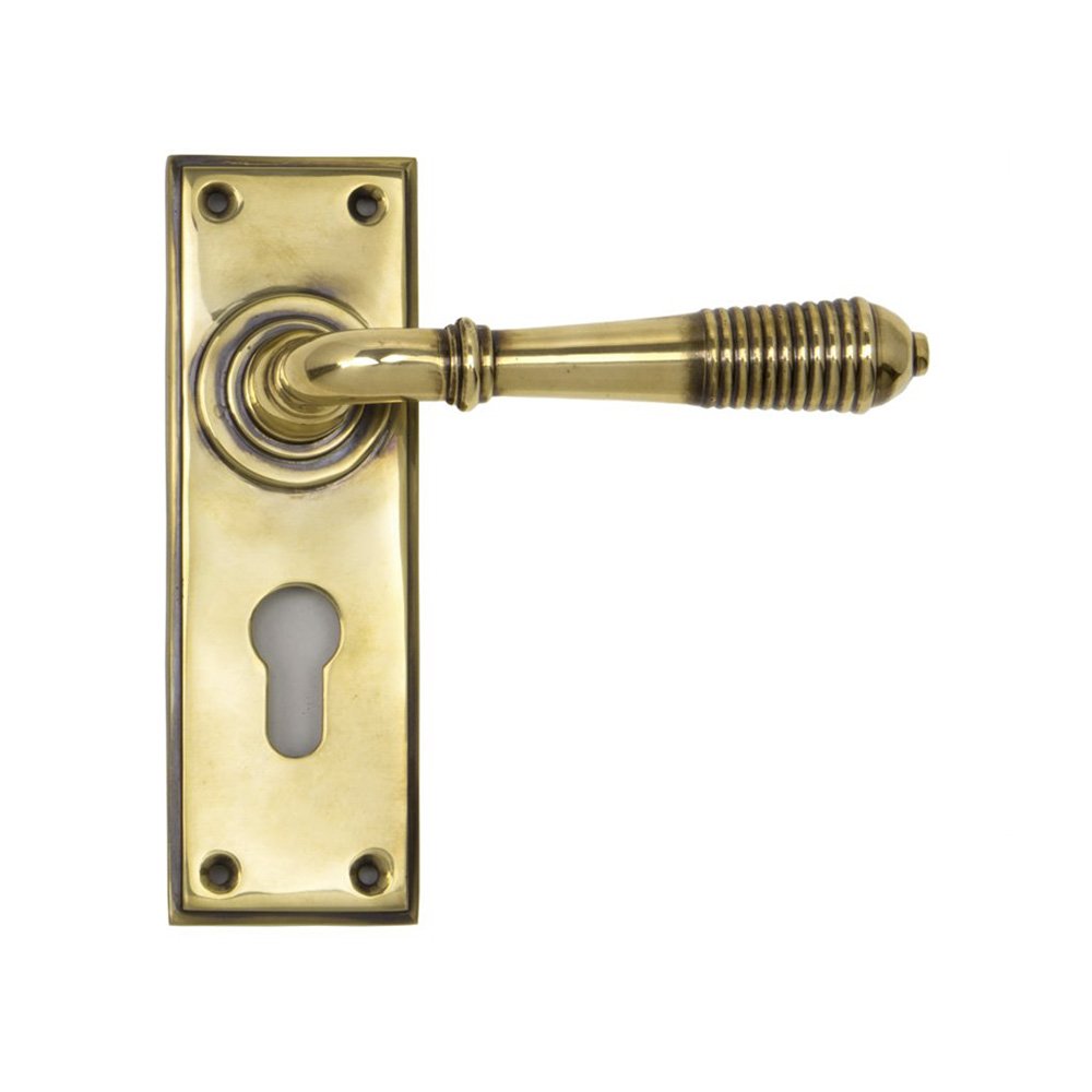 A Euro Reeded Lever Lock Handle showing the aged brass finish