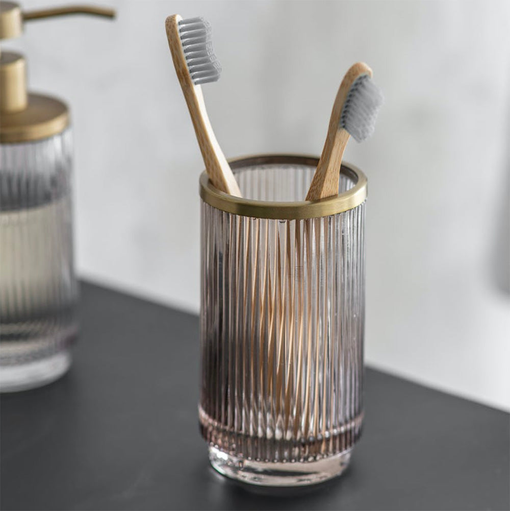 Smoked glass adelphi toothbrush holder with brass rim