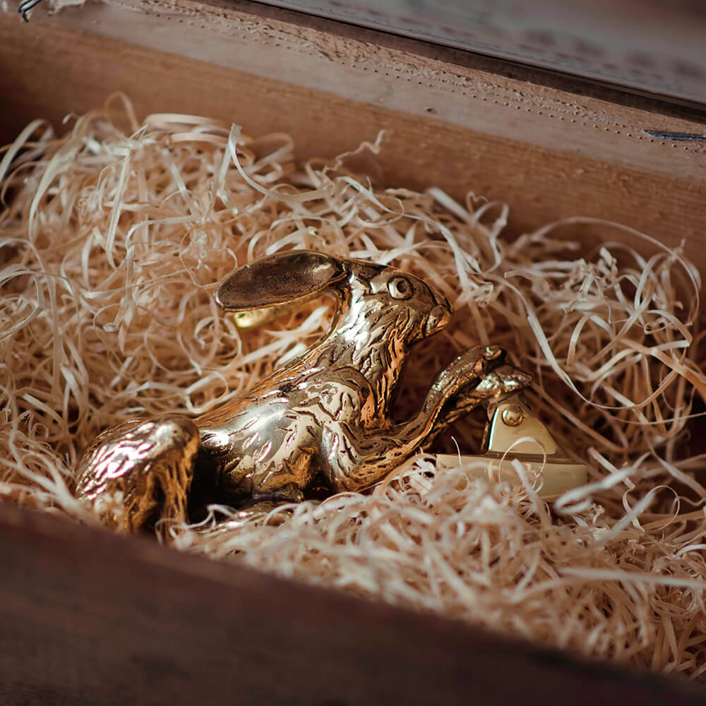 Brass Rabbit Doorstop - Adorable Bunny Wedge Door Stopper With Wood Base