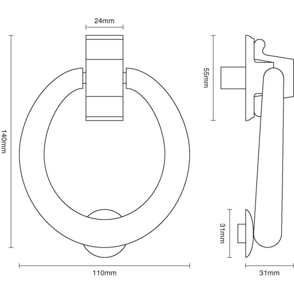 Diagram showing parts and measurements of a hoop door knocker