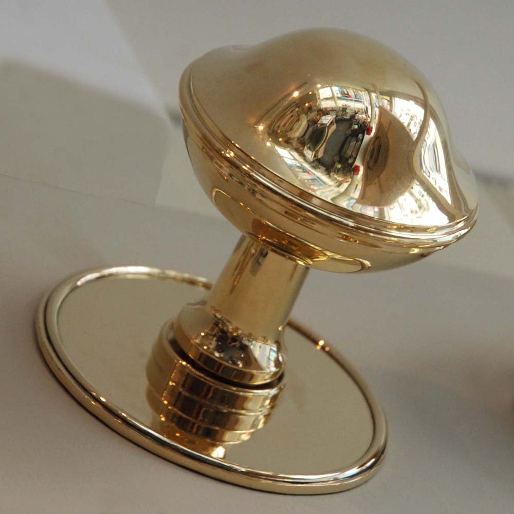Large round polished brass door pull side view