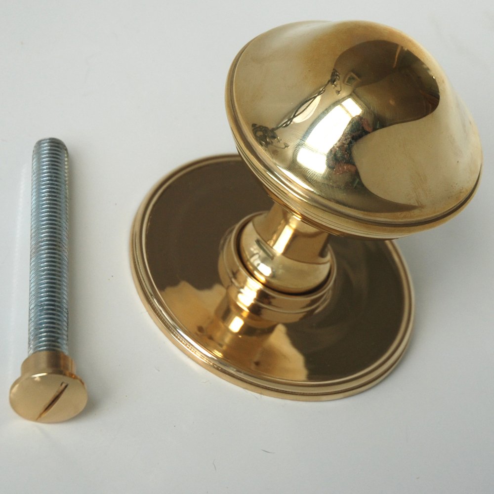 Large round polished brass door pull with bolt