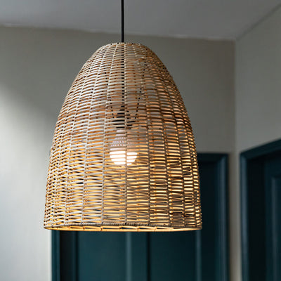 Wicker conical shaped pendant light fitting in a hallway
