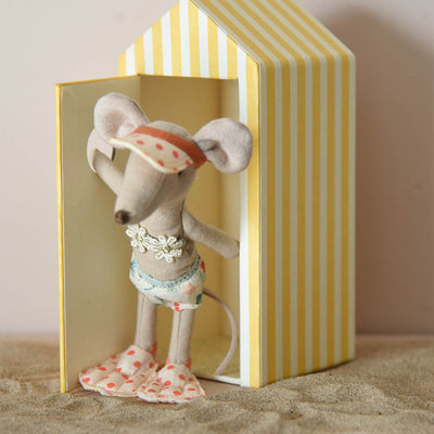 maileg big sister mouse stood in beach hut with door open