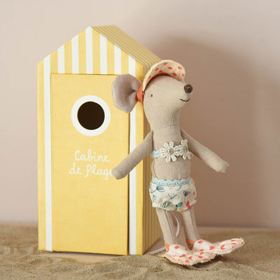 Maileg big sister mouse with yellow stripe beach hut