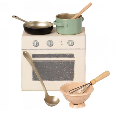 Maileg matchbox cooking set with saucepan, sieve, pot and utensils