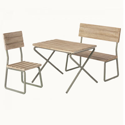 Maileg miniature garden set with table, bench and chair