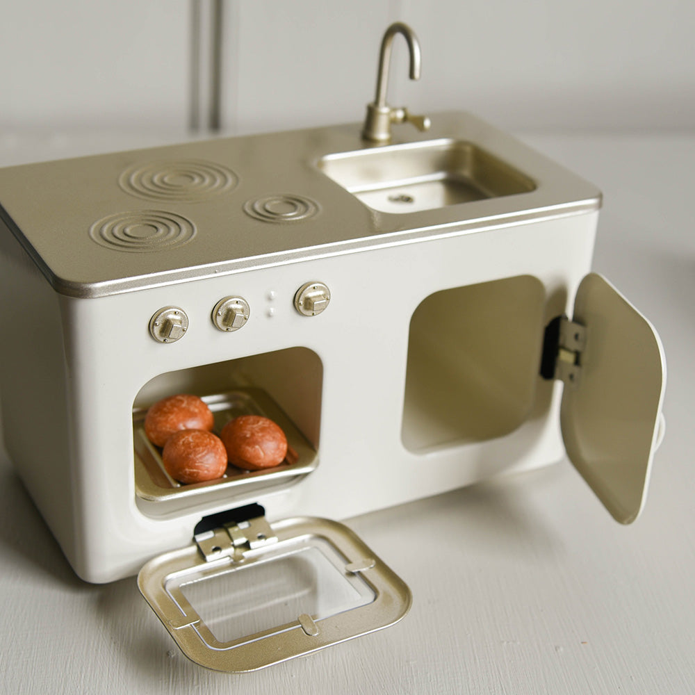 Maileg miniature kitchen with buns and doors open
