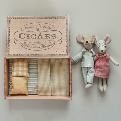 mum and dad mice seen laying with cigar box and bedding