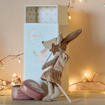 TOOTH FAIRY MOUSE sat with box and tooth tin and wearing a tooth backpack