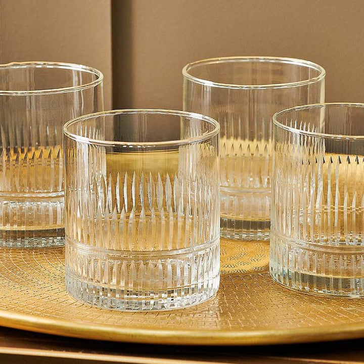 Close up of etched glass tumblers