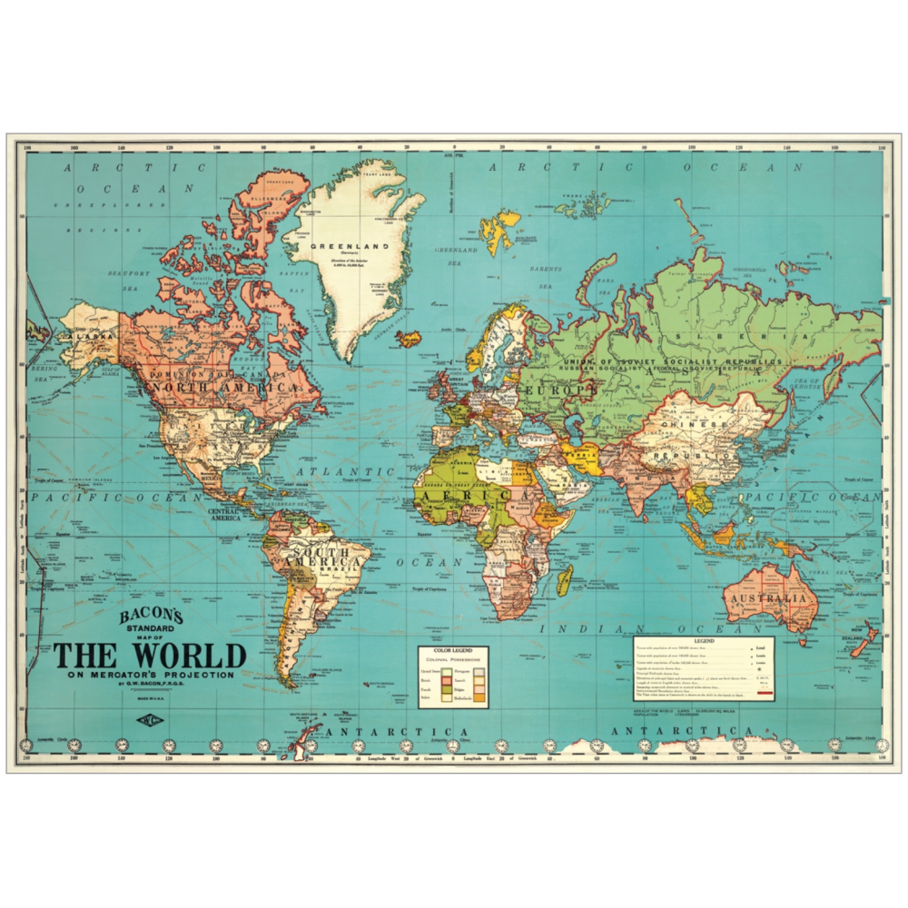 Bright blue world map poster