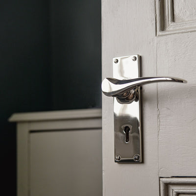 Polished Nickel Penwerris Lever Handles With Rectangular Backplate in room