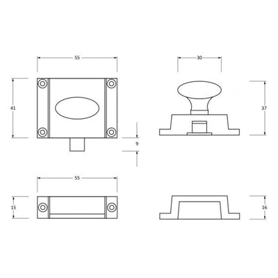A schematic plan of an oval cabinet latch and dimensions