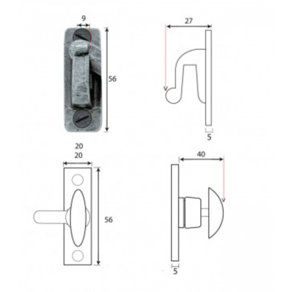 A schematic plan of the pewter cupboard catch with dimensions