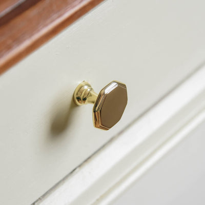 FLAT TOP OCTAGONAL CABIENT KNOB WITH NARROW NECK ON DRAWER FRONT