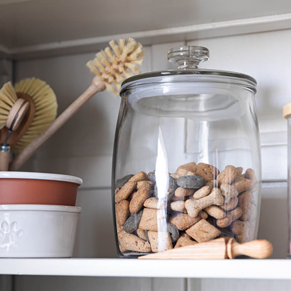 Large Glass Storage Jar with lid in cupboard with dog biscuits