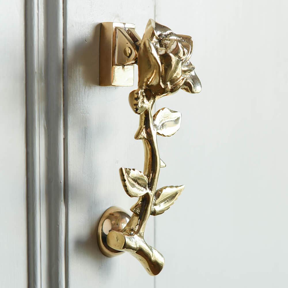 Brass Rose Door Knocker on an angle showing detail