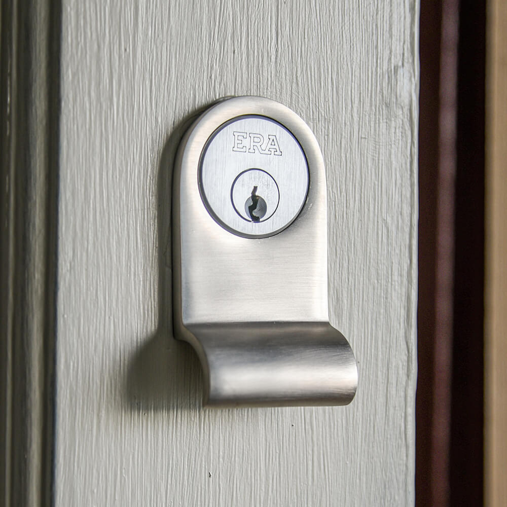 Cylinder Latch Pull - Satin Nickel - on painted door