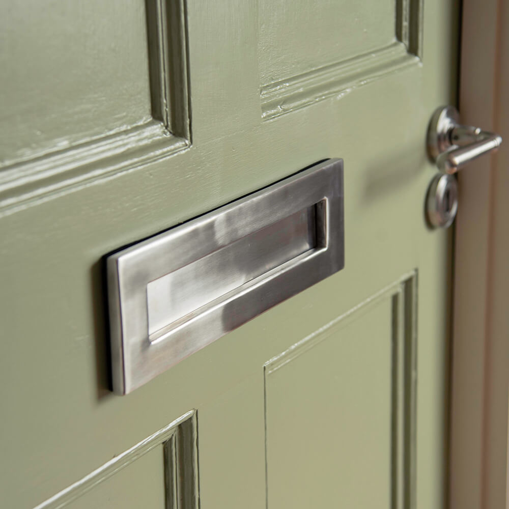 Satin Stainless Steel UPVC Letterplate on green door