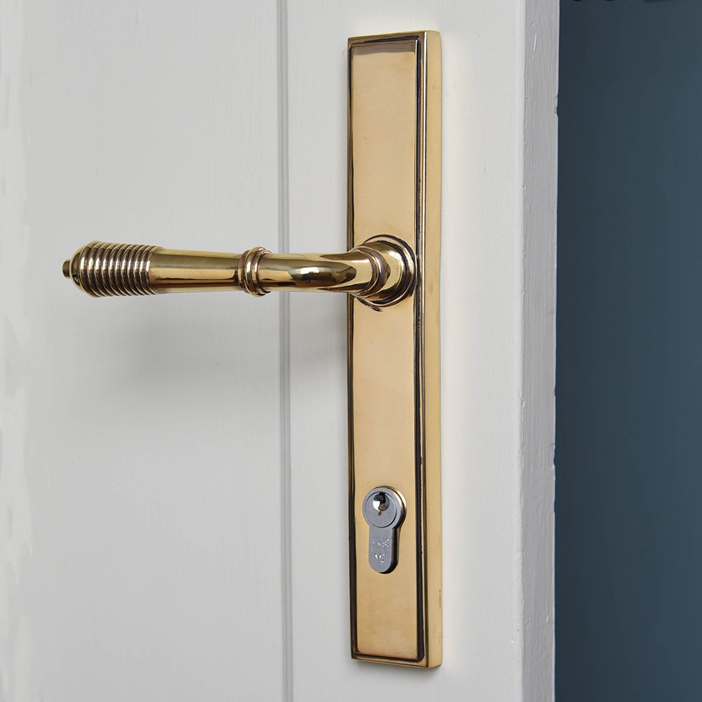 A reeded lever handle with a euro lock and slimline backplate in an aged brass finish