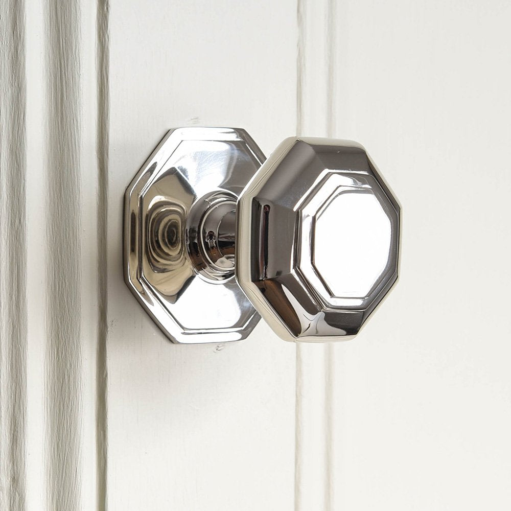 Small octagonal door pull in polished nickel front view