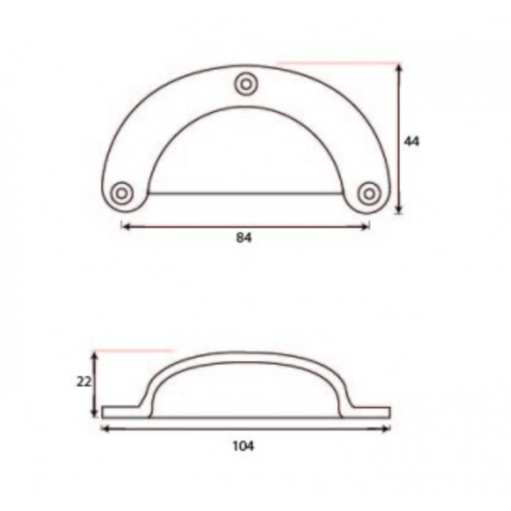Diagram and measurements of hooded drawer pull