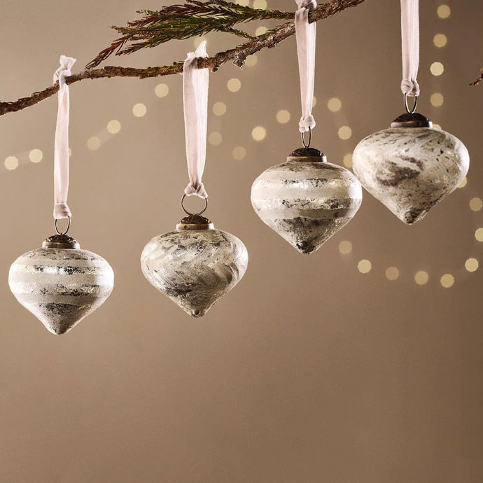 Brushed Silver Suhana Baubles - Set of 4 Large seen hung along a tree branch