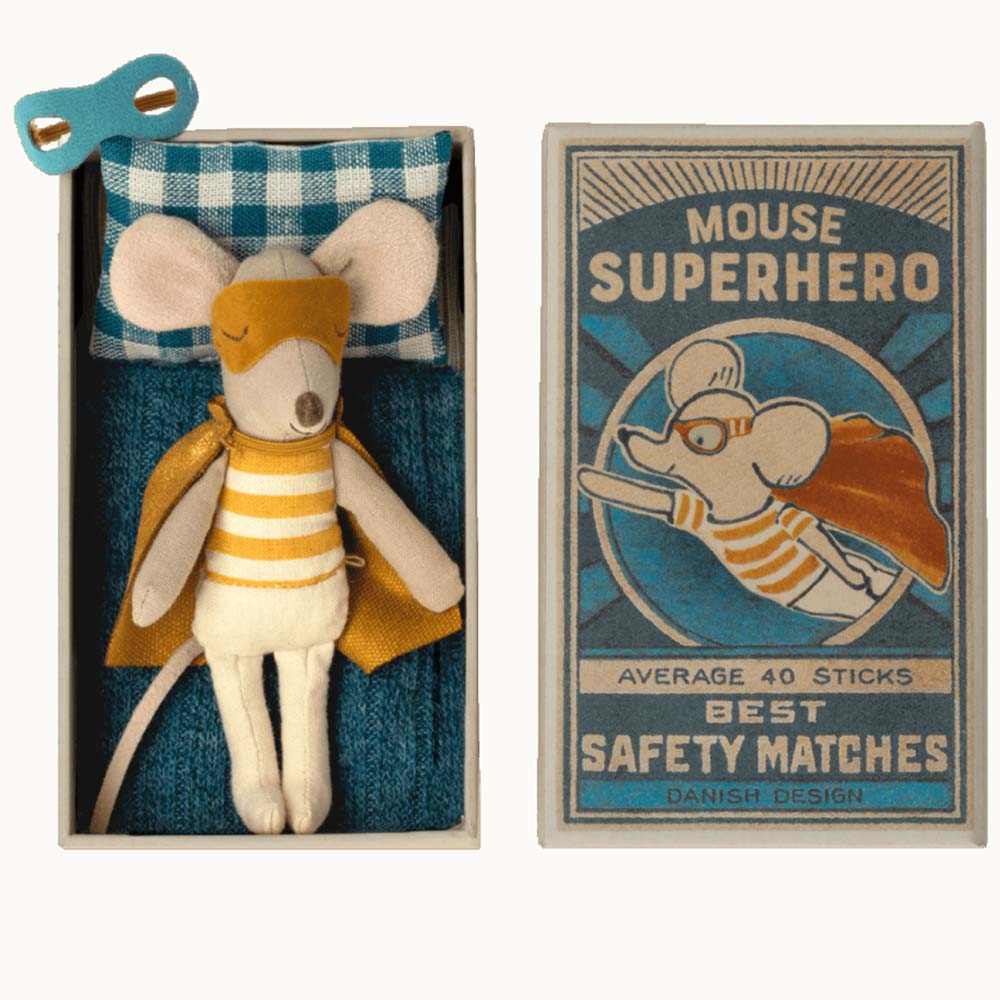 Maileg Super Hero Mouse in Matchbox bed