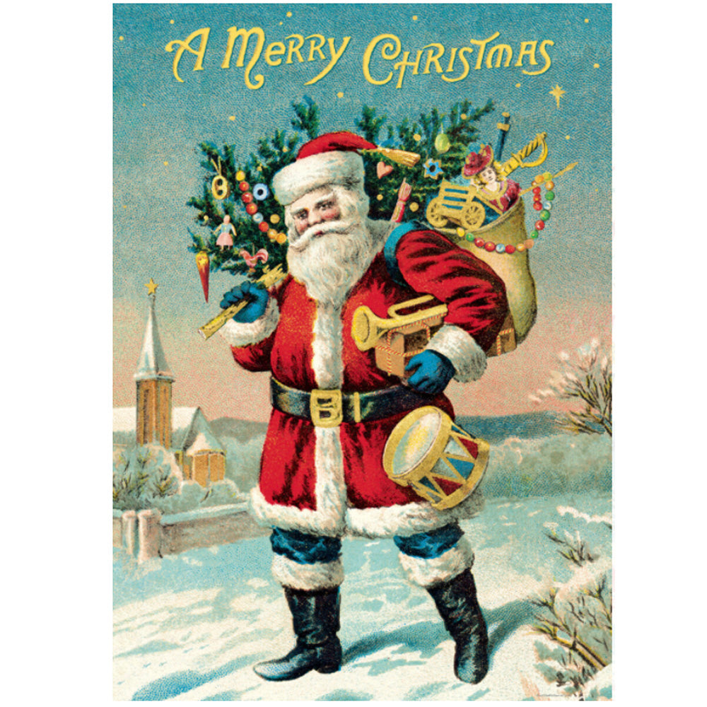 Vintage image of Santa with toys and Christmas tree