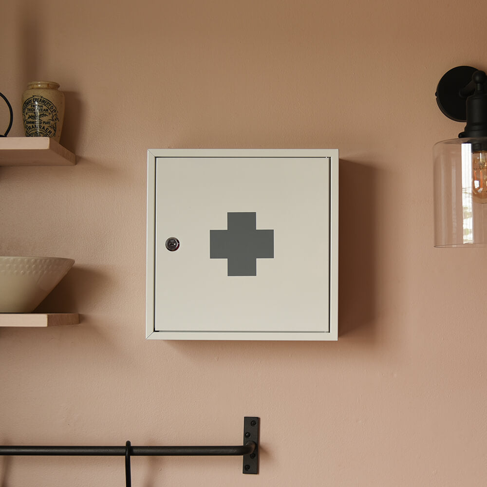 Wall Mounted First Aid tin on pink wall