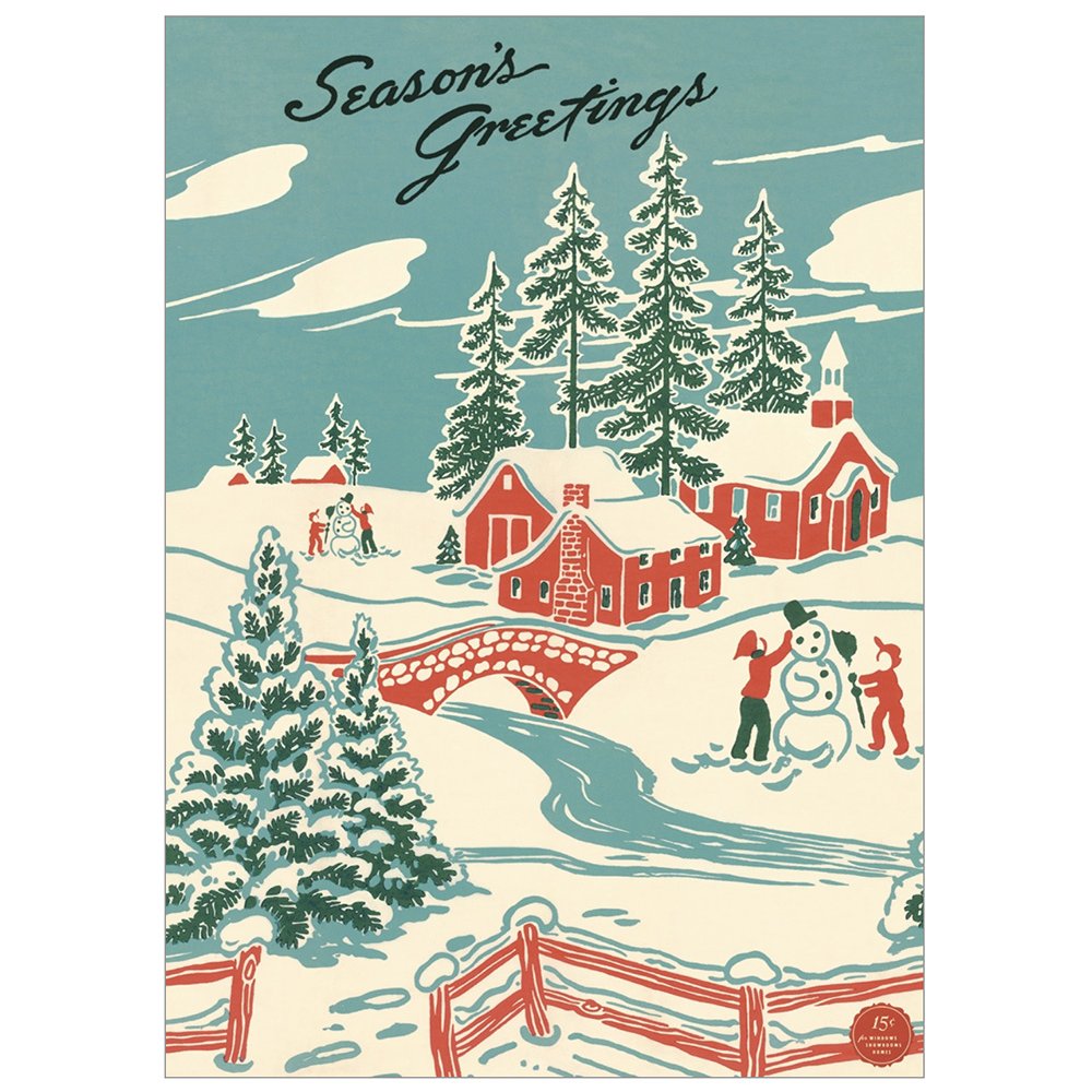 Vintage snowy village scene with the words 'seasons greetings'