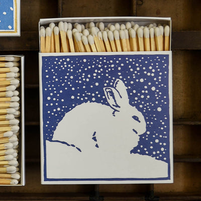 Letterpress printed winter scene luxury match box with bunny in the snow
